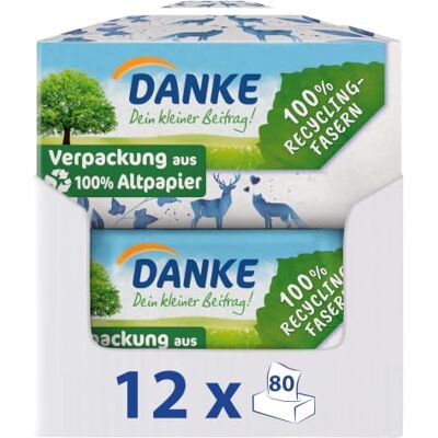 Danke Taschentücher Box, 4-lagig 12 x 80 Stück Papiertaschentücher aus 100% Recycling-Papier, dermatologisch getestet Danke Taschentücher Box, 4-lagig 12 x 80 Stück Papiertaschentücher aus 100% Recycling-Papier, dermatologisch getestet
