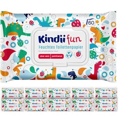 Kindii Fun feuchtes Toilettenpapier für Kinder, spülbar, 10 x 60 Stück Vorratspack 600 Stück, Toilettentücher mit Kamille und Aloe, pH-neutral, hypoallergen, dermatologisch getestet Kindii Fun feuchtes Toilettenpapier für Kinder, spülbar, 10 x 60 Stück Vorratspack 600 Stück, Toilettentücher mit Kamille und Aloe, pH-neutral, hypoallergen, dermatologisch getestet
