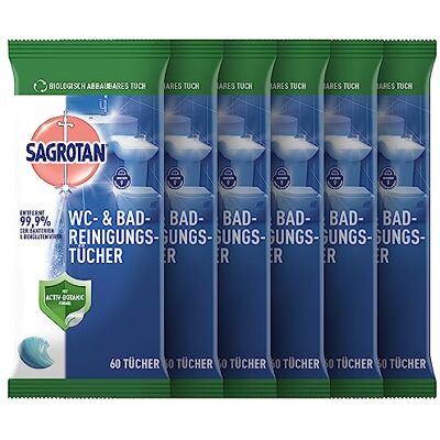 Sagrotan WC-Reinigungstücher – Für eine hygienisch saubere und glänzende Toilette – 6 x 60 Desinfektionstücher in wiederverschließbarer Verpackung Sagrotan WC-Reinigungstücher – Für eine hygienisch saubere und glänzende Toilette – 6 x 60 Desinfektionstücher in wiederverschließbarer Verpackung