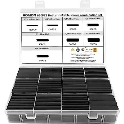 Romon 650 Stück Schrumpfschlauch Set Schwarz, Schrumpfschlauch Sortiment, Wärmeschrumpfschlauch Set, Heat Shrink Tube, Isolierschlauch für Kabel, 8 Größen, 2:1 Schrumpfverhältnis Romon 650 Stück Schrumpfschlauch Set Schwarz, Schrumpfschlauch Sortiment, Wärmeschrumpfschlauch Set, Heat Shrink Tube, Isolierschlauch für Kabel, 8 Größen, 2:1 Schrumpfverhältnis