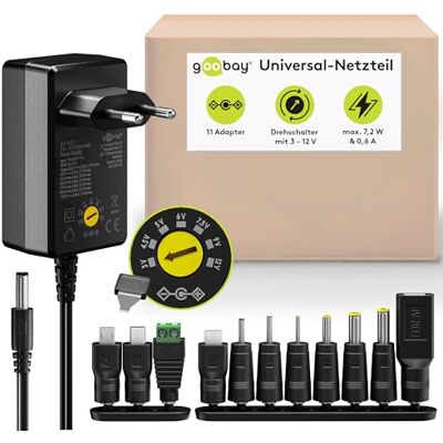 goobay 64571 Universal Netzteil 3 V 12 V, max. 7,2 W / DC Wechseladapter / Ersatznetzteil für TV, Router, LED Streifen / Variable Spannung / USB-C, USB-A, Micro-USB / inkl. 11 Adapter goobay 64571 Universal Netzteil 3 V 12 V, max. 7,2 W / DC Wechseladapter / Ersatznetzteil für TV, Router, LED Streifen / Variable Spannung / USB-C, USB-A, Micro-USB / inkl. 11 Adapter