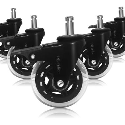 Offgridtec 5 Stk Bürostuhlrollen mit Bremse, Vollgummi-Rollen für Teppich & Parkettböden, langlebige Gummirollen, schützen vor Kratzern auf Hartholzböden, 11x22mm Pin, Transparent Offgridtec 5 Stk Bürostuhlrollen mit Bremse, Vollgummi-Rollen für Teppich & Parkettböden, langlebige Gummirollen, schützen vor Kratzern auf Hartholzböden, 11x22mm Pin, Transparent