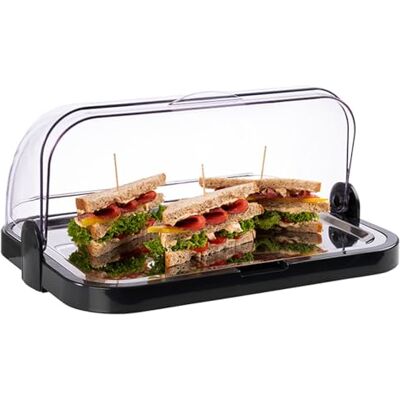 APS Buffetvitrine – Beidseitig aufklappbare, transparente Rolltophaube, eine Schale, EIN rostfreies Edelstahl-Tablett, sowie Zwei Kühl-Akkus – Made in Germany APS Buffetvitrine – Beidseitig aufklappbare, transparente Rolltophaube, eine Schale, EIN rostfreies Edelstahl-Tablett, sowie Zwei Kühl-Akkus – Made in Germany