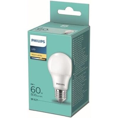Philips LED Lampe, Warmweiß, 8W, A60, E27, 60W Äquivalent, Nicht Dimmbar, 2700K, 806 Lumen Philips LED Lampe, Warmweiß, 8W, A60, E27, 60W Äquivalent, Nicht Dimmbar, 2700K, 806 Lumen