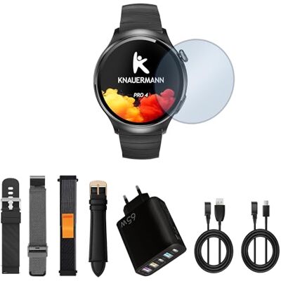 Knauermann PRO 4 EKG-Gesundheitsuhr mit Telefonfunktion – Smartwatch in Schwarz – Puls, Blutdruck, Blutsauerstoff, HRV, Schlafanalyse – Für Damen und Herren – Premium-Set mit 5 Armbändern Schwarz Knauermann PRO 4 EKG-Gesundheitsuhr mit Telefonfunktion – Smartwatch in Schwarz – Puls, Blutdruck, Blutsauerstoff, HRV, Schlafanalyse – Für Damen und Herren – Premium-Set mit 5 Armbändern Schwarz