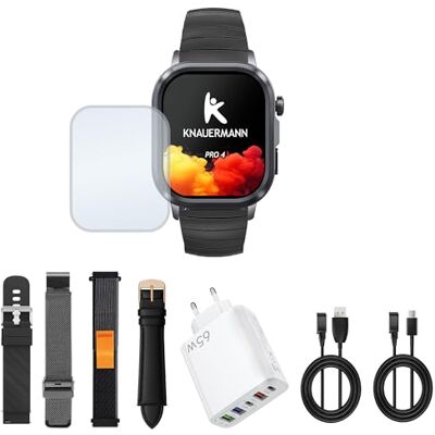 Knauermann PRO 4 (2026) Eckig Schwarz EKG Gesundheitsuhr mit Blutdruck, Puls und Blutsauerstoff Messung, Telefonfunktion, Schlafanalyse, IP67, 46 mm Premium Paket Knauermann PRO 4 (2026) Eckig Schwarz EKG Gesundheitsuhr mit Blutdruck, Puls und Blutsauerstoff Messung, Telefonfunktion, Schlafanalyse, IP67, 46 mm Premium Paket