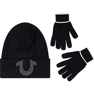 True Religion Beanie Hat and Touchscreen Glove Set, Cuffed Winter Knit Cap with Rhinestone Logo and Touch Screen Mittens, Black, One Size True Religion Beanie Hat and Touchscreen Glove Set, Cuffed Winter Knit Cap with Rhinestone Logo and Touch Screen Mittens, Black, One Size