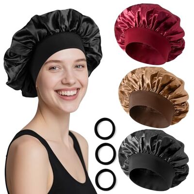 Elalove Satin Schlafhaube Set, 3 Stück Seidenhaube zum Schlafen mit 3 Schwarzen Haargummis, Verstellbar Satin Bonnet für die Nacht, Bonnet Sleep Cap für Damen und Herren Elalove Satin Schlafhaube Set, 3 Stück Seidenhaube zum Schlafen mit 3 Schwarzen Haargummis, Verstellbar Satin Bonnet für die Nacht, Bonnet Sleep Cap für Damen und Herren