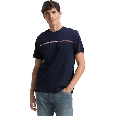 TOM TAILOR Herren T-Shirt mit Streifen-Print & Logo, 10668 Sky Captain Blue, XL TOM TAILOR Herren T-Shirt mit Streifen-Print & Logo, 10668 Sky Captain Blue, XL