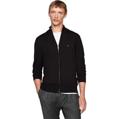 Tommy Hilfiger Herren Pullover mit Reißverschluss Essential Cotton Zip Thru Stehkragen, Schwarz (Black), XS Tommy Hilfiger Herren Pullover mit Reißverschluss Essential Cotton Zip Thru Stehkragen, Schwarz (Black), XS