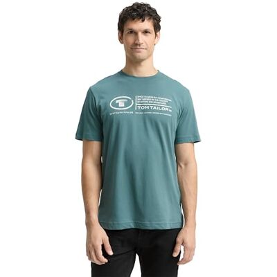 TOM TAILOR Herren Basic T-Shirt mit Print aus Baumwolle, deep bluish green, XXL TOM TAILOR Herren Basic T-Shirt mit Print aus Baumwolle, deep bluish green, XXL