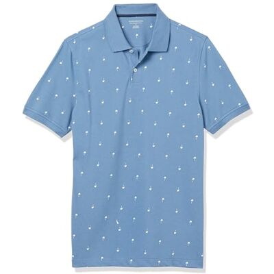 Amazon Essentials Herren Piqué-Poloshirt aus Baumwolle, Schmale Passform, Blau Palmenaufdruck, XL Amazon Essentials Herren Piqué-Poloshirt aus Baumwolle, Schmale Passform, Blau Palmenaufdruck, XL