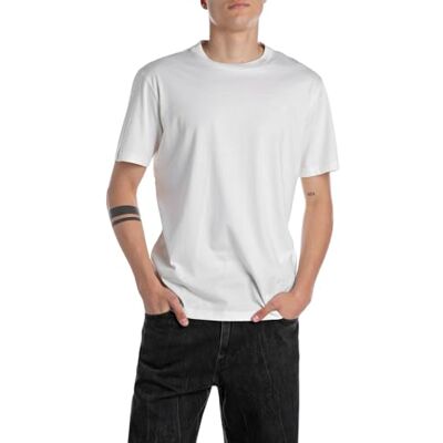 Replay Herren T-Shirt Kurzarm aus Baumwolle, Weiß (Natural White), M Replay Herren T-Shirt Kurzarm aus Baumwolle, Weiß (Natural White), M