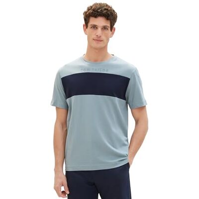 TOM TAILOR Herren Basic T-Shirt mit Logo-Print, 27475 Grey Mint, L TOM TAILOR Herren Basic T-Shirt mit Logo-Print, 27475 Grey Mint, L
