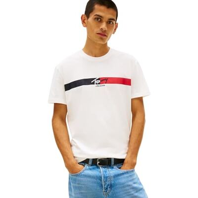 Tommy Jeans Herren T-Shirt Kurzarm Signature Stripe aus Baumwolle, Weiß (Ecru), XL Tommy Jeans Herren T-Shirt Kurzarm Signature Stripe aus Baumwolle, Weiß (Ecru), XL