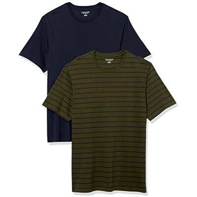 Amazon Essentials T-Shirts für Herren, 100% Baumwolle und Baumwoll-Polyester-Mischgewebe, Normale Passform, kurzärmelig, Rundhalsausschnitt, 2er-Pack, Marineblau/Olivgrün, gestreift, Medium Amazon Essentials T-Shirts für Herren, 100% Baumwolle und Baumwoll-Polyester-Mischgewebe, Normale Passform, kurzärmelig, Rundhalsausschnitt, 2er-Pack, Marineblau/Olivgrün, gestreift, Medium