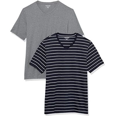 Amazon Essentials Herren T-Shirt Regular-Fit Kurzarm V-Ausschnitt (erhältlich in Big & Tall), 2er-Pack, Grey Heather/Navy Stripe, X-Large Amazon Essentials Herren T-Shirt Regular-Fit Kurzarm V-Ausschnitt (erhältlich in Big & Tall), 2er-Pack, Grey Heather/Navy Stripe, X-Large