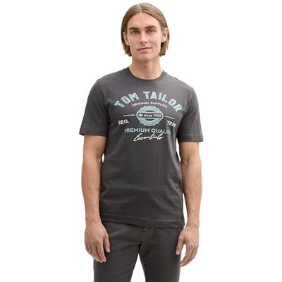 TOM TAILOR Herren T-Shirt mit Logo-Print aus Baumwolle, Tarmac Grey, XL TOM TAILOR Herren T-Shirt mit Logo-Print aus Baumwolle, Tarmac Grey, XL