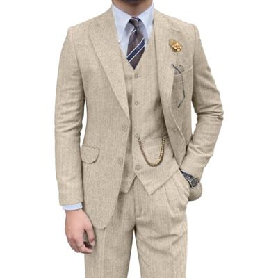 Pyiuhs Retro-Herrenanzug, 3-teilig, Tweed, Fischgrätenmuster, schmale Passform, Anzüge für Bräutigam, Smoking-Set, Balljacke, Blazer, Weste, Hose für Herren, Beige, XL Pyiuhs Retro-Herrenanzug, 3-teilig, Tweed, Fischgrätenmuster, schmale Passform, Anzüge für Bräutigam, Smoking-Set, Balljacke, Blazer, Weste, Hose für Herren, Beige, XL