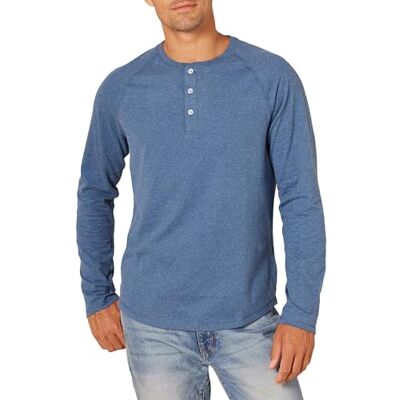 Amazon Essentials Herren Langärmeliges Henley-Shirt, Blue Heather, L Amazon Essentials Herren Langärmeliges Henley-Shirt, Blue Heather, L