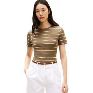 Tommy Hilfiger Damen T-Shirt Kurzarm Slim Cody Rundhalsausschnitt, Braun (Fine STP Mideterranean Olive/Ecru), S Tommy Hilfiger Damen T-Shirt Kurzarm Slim Cody Rundhalsausschnitt, Braun (Fine STP Mideterranean Olive/Ecru), S