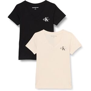 Calvin Damen 2er Pack T-Shirts Kurzarm Monologo V-Ausschnitt, Mehrfarbig (Moonbeam/Ck Black), XXS Calvin Damen 2er Pack T-Shirts Kurzarm Monologo V-Ausschnitt, Mehrfarbig (Moonbeam/Ck Black), XXS