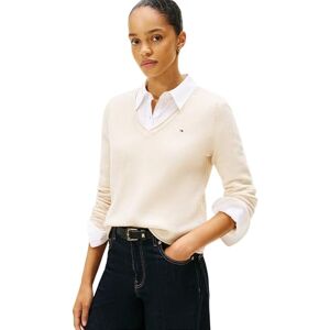 Tommy Hilfiger Damen Pullover Soft Wool mit V-Ausschnitt, Elfenbein (Heather Oatmilk), S Tommy Hilfiger Damen Pullover Soft Wool mit V-Ausschnitt, Elfenbein (Heather Oatmilk), S