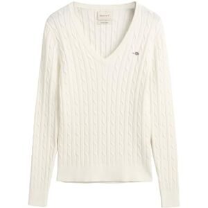 GANT Damen Stretch Cotton Cable V-Neck Pullover, Eggshell, Standard GANT Damen Stretch Cotton Cable V-Neck Pullover, Eggshell, Standard