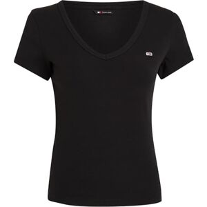 Tommy Jeans Damen T-Shirt Kurzarm Slim Rib V-Ausschnitt, Schwarz (Black), XS Tommy Jeans Damen T-Shirt Kurzarm Slim Rib V-Ausschnitt, Schwarz (Black), XS