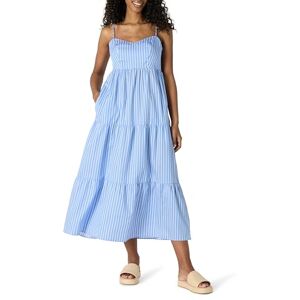 Amazon Essentials Damen Fit and Flare Empire-Taille Baumwollsatin gestuftes Maxikleid Blau-Weiß gestreift, Größe M Amazon Essentials Damen Fit and Flare Empire-Taille Baumwollsatin gestuftes Maxikleid Blau-Weiß gestreift, Größe M
