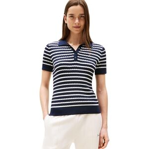 Tommy Hilfiger Damen Poloshirt Kurzarm Cable Sweater mit Knopfleiste, Mehrfarbig (Dark Night Navy/Ivory Silk STP), M Tommy Hilfiger Damen Poloshirt Kurzarm Cable Sweater mit Knopfleiste, Mehrfarbig (Dark Night Navy/Ivory Silk STP), M