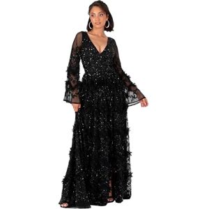 Maya Deluxe Women's Ladies Maxi Dress V Neckline Sequin with Ruffle Empire Waist Slit Split for Prom Ball Bridesmaid Wedding Guest, Schwarz 40 Maya Deluxe Women's Ladies Maxi Dress V Neckline Sequin with Ruffle Empire Waist Slit Split for Prom Ball Bridesmaid Wedding Guest, Schwarz 40