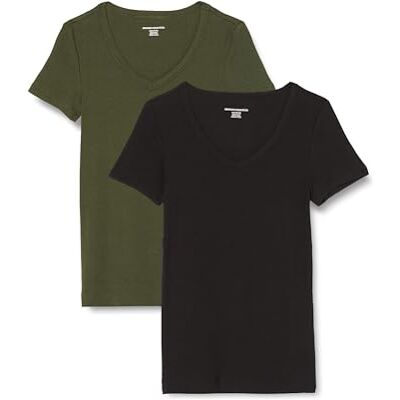 Amazon Essentials Damen Kurzärmeliges T-Shirt mit V-Ausschnitt, Schmale Passform, 2er-Pack, Dunkles Olivgrün/Schwarz, XXL Amazon Essentials Damen Kurzärmeliges T-Shirt mit V-Ausschnitt, Schmale Passform, 2er-Pack, Dunkles Olivgrün/Schwarz, XXL