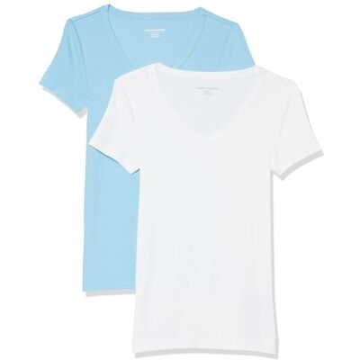 Amazon Essentials Damen Kurzärmeliges T-Shirt mit V-Ausschnitt, Schmale Passform, 2er-Pack, Weiß/Hellblau, XS Amazon Essentials Damen Kurzärmeliges T-Shirt mit V-Ausschnitt, Schmale Passform, 2er-Pack, Weiß/Hellblau, XS