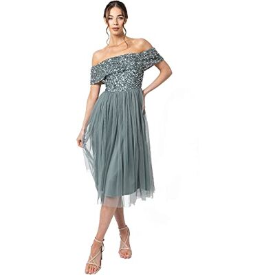 Maya Deluxe Damen Bardot Embellished Midi Bridesmaid Dress, Misty Green, Gr. 42 EU Maya Deluxe Damen Bardot Embellished Midi Bridesmaid Dress, Misty Green, Gr. 42 EU