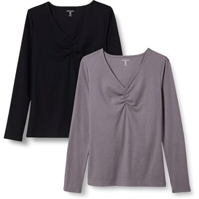 Amazon Essentials Damen Langärmliges Gerafftes Rippstrick-T-Shirt mit V-Ausschnitt, Schmale Passform, 2er-Pack, Grau/Schwarz, M Amazon Essentials Damen Langärmliges Gerafftes Rippstrick-T-Shirt mit V-Ausschnitt, Schmale Passform, 2er-Pack, Grau/Schwarz, M