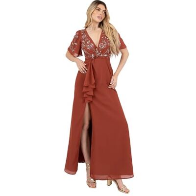 Maya Deluxe Women's Maxi Dress Ladies V-Neck Short Angel Sleeve Sequin Embellished Ruffles Side Split A-line Evening Ball Gown, Rostorange 38 Maya Deluxe Women's Maxi Dress Ladies V-Neck Short Angel Sleeve Sequin Embellished Ruffles Side Split A-line Evening Ball Gown, Rostorange 38