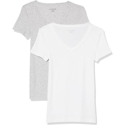 Amazon Essentials Damen Kurzärmeliges T-Shirt mit V-Ausschnitt, Schmale Passform, 2er-Pack, Weiß/Hellgrau Meliert, XXL Amazon Essentials Damen Kurzärmeliges T-Shirt mit V-Ausschnitt, Schmale Passform, 2er-Pack, Weiß/Hellgrau Meliert, XXL