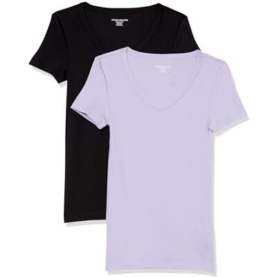 Amazon Essentials Damen Kurzärmeliges T-Shirt mit V-Ausschnitt, Schmale Passform, 2er-Pack, Schwarz/Lavendel, XXL Amazon Essentials Damen Kurzärmeliges T-Shirt mit V-Ausschnitt, Schmale Passform, 2er-Pack, Schwarz/Lavendel, XXL