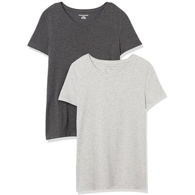 Amazon Essentials Damen Kurzärmliges Regular-Fit-T-Shirt (Varianten mit Rundhalsausschnitt und V-Ausschnitt), Pack of 2, Dunkelgrau Meliert/Hellgrau Meliert, XS Amazon Essentials Damen Kurzärmliges Regular-Fit-T-Shirt (Varianten mit Rundhalsausschnitt und V-Ausschnitt), Pack of 2, Dunkelgrau Meliert/Hellgrau Meliert, XS