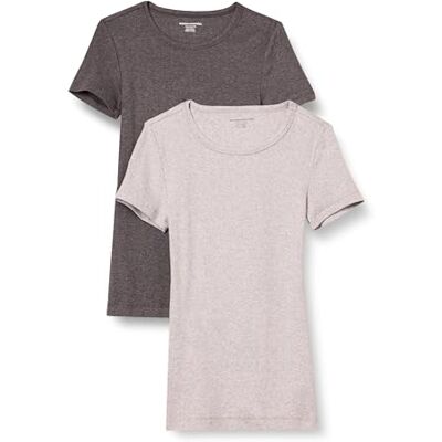 Amazon Essentials Damen Kurzärmeliges T-Shirt mit Rundhalsausschnitt, Schmale Passform, 2er-Pack, Dunkelgrau Meliert/Hellgrau Meliert, L Amazon Essentials Damen Kurzärmeliges T-Shirt mit Rundhalsausschnitt, Schmale Passform, 2er-Pack, Dunkelgrau Meliert/Hellgrau Meliert, L