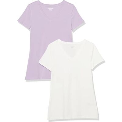 Amazon Essentials Damen T-Shirt Regular Fit mit kurzen Ärmeln und V-Ausschnitt, 2er-Pack, Pastelllila/Weiß, XXL Amazon Essentials Damen T-Shirt Regular Fit mit kurzen Ärmeln und V-Ausschnitt, 2er-Pack, Pastelllila/Weiß, XXL