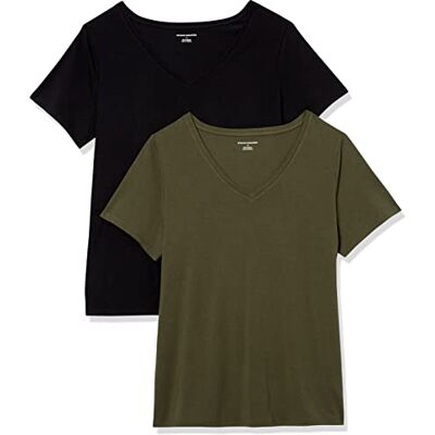 Amazon Essentials Damen Plus Size V-Ausschnitt T-Shirt mit Kurzen Ärmeln, Klassische Passform, 2er-Pack, Schwarz/Olivgrün, XXL Große Größen Amazon Essentials Damen Plus Size V-Ausschnitt T-Shirt mit Kurzen Ärmeln, Klassische Passform, 2er-Pack, Schwarz/Olivgrün, XXL Große Größen