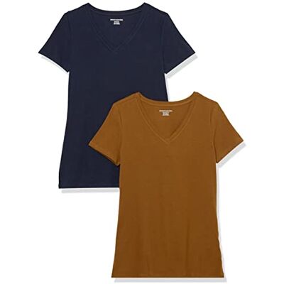Amazon Essentials Damen Kurzärmliges Regular-Fit-T-Shirt (Varianten mit Rundhalsausschnitt und V-Ausschnitt), Pack of 2, Dunkles Kastanienbraun/Marineblau, XXL Amazon Essentials Damen Kurzärmliges Regular-Fit-T-Shirt (Varianten mit Rundhalsausschnitt und V-Ausschnitt), Pack of 2, Dunkles Kastanienbraun/Marineblau, XXL