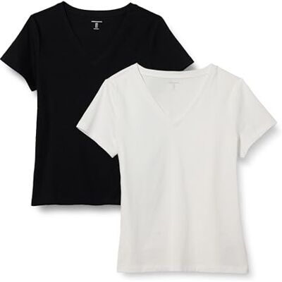Amazon Essentials Damen Kurzarm-T-Shirt mit V-Ausschnitt, Regular Fit aus 100 % Baumwolle, 2er-Pack, Schwarz/Weiß, XL Amazon Essentials Damen Kurzarm-T-Shirt mit V-Ausschnitt, Regular Fit aus 100 % Baumwolle, 2er-Pack, Schwarz/Weiß, XL