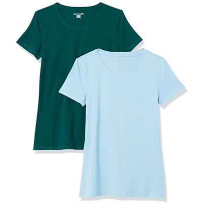 Amazon Essentials Damen T-Shirt mit kurzen Ärmeln und Rundhalsausschnitt in normaler Passform, 2er-Pack, Dunkelgrün/Puderblau, XXL Amazon Essentials Damen T-Shirt mit kurzen Ärmeln und Rundhalsausschnitt in normaler Passform, 2er-Pack, Dunkelgrün/Puderblau, XXL