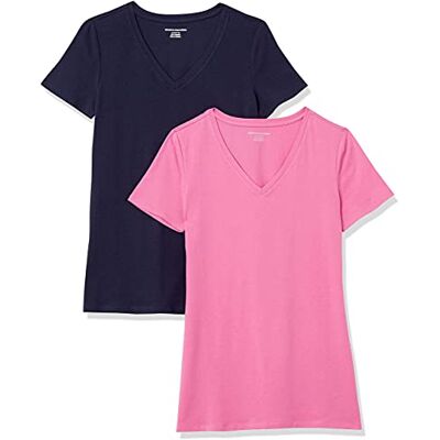 Amazon Essentials Damen T-Shirt Regular Fit mit kurzen Ärmeln und V-Ausschnitt, 2er-Pack, Rosa/Marineblau, XXL Amazon Essentials Damen T-Shirt Regular Fit mit kurzen Ärmeln und V-Ausschnitt, 2er-Pack, Rosa/Marineblau, XXL