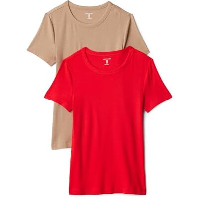 Amazon Essentials Damen Kurzärmeliges T-Shirt mit Rundhalsausschnitt, schmale Passform, 2er-Pack, Helles Mohnrot/Hellbraun, XX-Large Amazon Essentials Damen Kurzärmeliges T-Shirt mit Rundhalsausschnitt, schmale Passform, 2er-Pack, Helles Mohnrot/Hellbraun, XX-Large