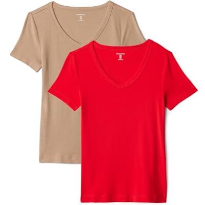 Amazon Essentials Damen Kurzärmeliges T-Shirt mit V-Ausschnitt, Schmale Passform, 2er-Pack, Helles Mohnrot/Hellbraun, M Amazon Essentials Damen Kurzärmeliges T-Shirt mit V-Ausschnitt, Schmale Passform, 2er-Pack, Helles Mohnrot/Hellbraun, M