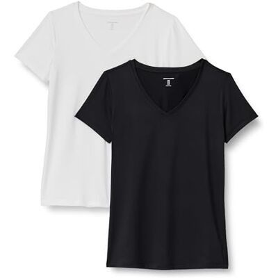 Amazon Essentials Damen Active Quick Dry Tech Stretch Kurzarm-T-Shirt mit V-Ausschnitt (in Übergröße erhältlich), 2er-Pack, Schwarz/Weiß, XXL Amazon Essentials Damen Active Quick Dry Tech Stretch Kurzarm-T-Shirt mit V-Ausschnitt (in Übergröße erhältlich), 2er-Pack, Schwarz/Weiß, XXL